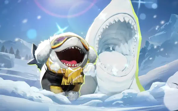 4K Ultra HD PC wallpaper from the video game Marvel Rivals: Jeff the Land Shark in goggles and scarf laughs in a snowy scene beside a yawning shark.