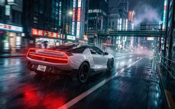 4K Ultra HD PC wallpaper: white Honda NSX racing through a neon-lit cyberpunk city at night, wet streets reflecting futuristic skyscrapers.
