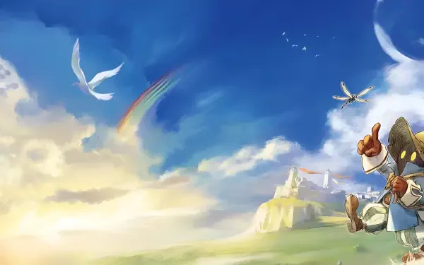 2K Quad HD PC desktop wallpaper: Final Fantasy IX video game art of Vivi Ornitier seated on a sunlit hill with birds, a rainbow and a distant castle.