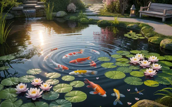 4K Ultra HD PC desktop wallpaper background: serene water garden pond with koi swimming among lily pads, pink water lilies, stones and a bench.