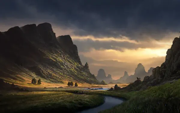 2K Quad HD PC desktop wallpaper: digital painting of a serene mountain valley at sunset, winding stream through grassy meadows, towering rocky cliffs under a dramatic cloud-lit sky.