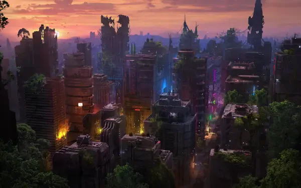 4K Ultra HD PC desktop wallpaper: a sci‑fi post-apocalyptic futuristic city overgrown with vegetation, neon lights and crumbling skyscrapers at sunset.