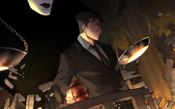 4K Ultra HD PC desktop wallpaper of Hiromi Higuruma from Jujutsu Kaisen 3rd Season — sternly holding a glowing heart beneath hanging scales amid dark, burning ruins.