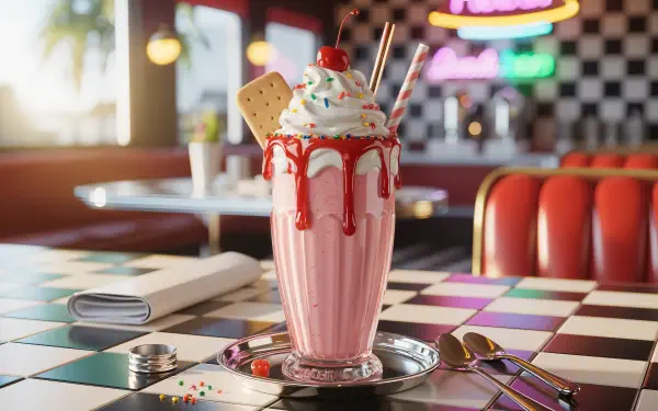 4K Ultra HD PC desktop wallpaper and background of a pink milkshake topped with whipped cream, cherry, sprinkles and a wafer, syrup dripping down a glass in a retro diner setting.