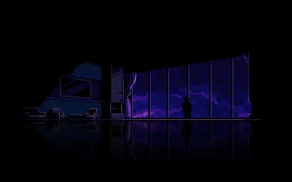 Pixel art HD PC desktop wallpaper: black-themed Katana Zero interior with a lone silhouetted figure framed by a purple city skyline.