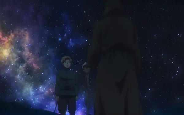 HD anime desktop wallpaper: Rafal and Hubert under a star-filled universe, one holding a glowing orb from Orb: On the Movements of the Earth.