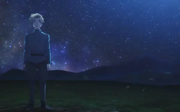 HD PC wallpaper — anime scene: Rafal from Orb: On the Movements of the Earth stands beneath a vast starry night sky and glowing universe.