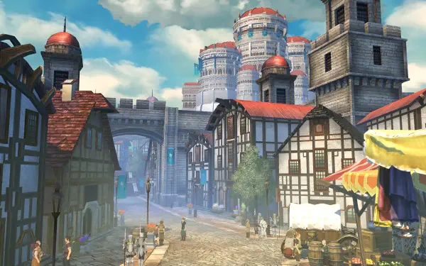 Tales of Berseria video game 4K Ultra HD PC desktop wallpaper: sunlit medieval town street with timbered houses, market stalls and distant castle towers beneath a bright blue sky.