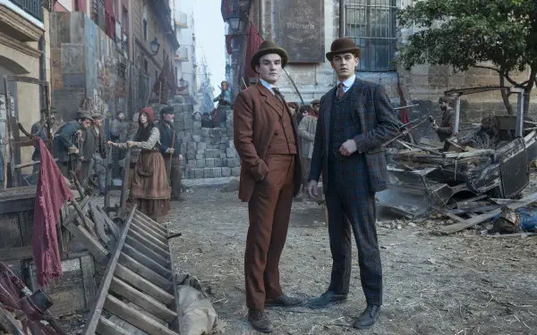 Young Sherlock TV show scene: two young detectives in a Victorian rubble-strewn street, posed for a 2K Quad HD PC desktop wallpaper and background.