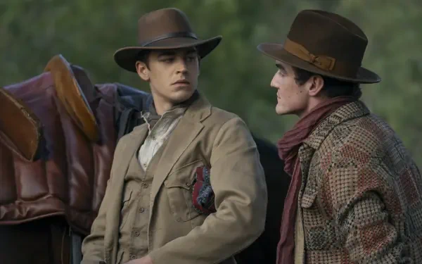 4K Ultra HD PC desktop wallpaper from TV show Young Sherlock: two young men in period coats and cowboy hats converse outdoors.