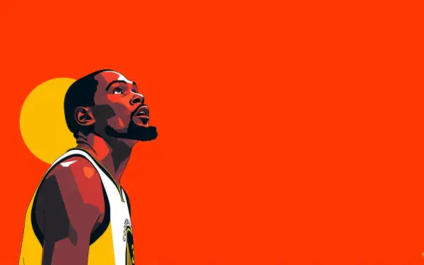 2K Quad HD PC wallpaper: stylized portrait of an NBA player in a Golden State Warriors jersey gazing upward against a bold orange background.