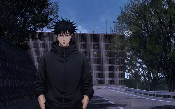 Megumi Fushiguro from Jujutsu Kaisen 3rd Season, dark coat standing on an urban street at dusk — anime city 5K Ultra HD PC desktop wallpaper and background.
