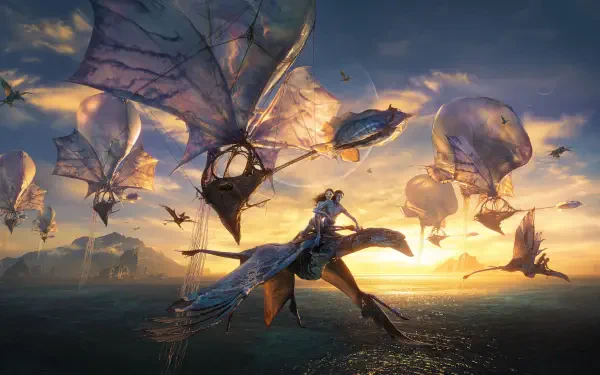 Avatar: Fire and Ash — 4K Ultra HD PC desktop wallpaper and background depicting a rider on a winged creature gliding over a sunlit ocean at sunset among sail-like airborne beasts.