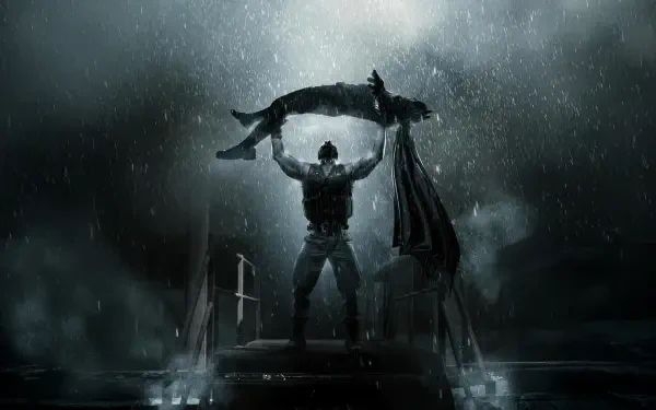 Batman: The Dark Knight Rises 4K Ultra HD PC desktop wallpaper — Batman stands in pouring rain on a rooftop, lifting a limp figure beneath dramatic storm clouds and distant city lights.