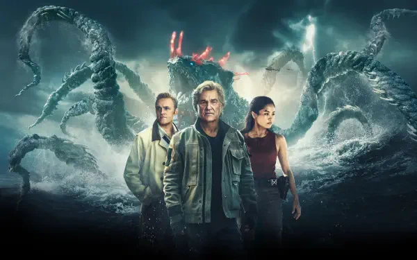 Monarch: Legacy of Monsters — 4K Ultra HD PC desktop wallpaper and background: three characters stand on a stormy shore as a glowing-eyed, tentacled kaiju rises behind them.