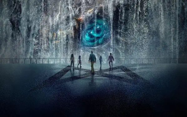 Monarch: Legacy of Monsters 4K Ultra HD PC Desktop Wallpaper and Background — five silhouettes face a colossal cascading wall with a glowing blue eye and a shadowed Monarch emblem.