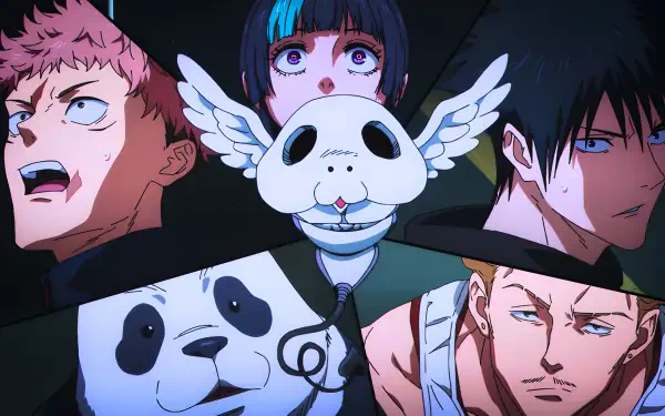 Jujutsu Kaisen 3rd Season anime 4K Ultra HD PC desktop wallpaper: Megumi, Hikari and Panda with a winged panda mask and dramatic close-up portraits