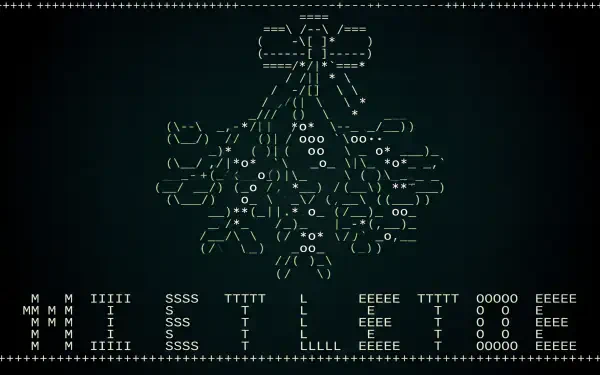 5K Ultra HD PC desktop wallpaper and background: dark green field with ASCII-art mistletoe and bow above stylized MERRY XMAS text in glowing green.