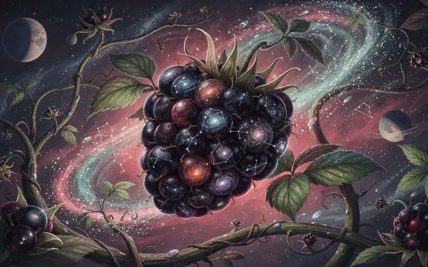4K Ultra HD PC desktop wallpaper: a luminous blackberry suspended in a swirling cosmic galaxy, surrounded by leaves, vines and distant planets — detailed, otherworldly botanical space scene.