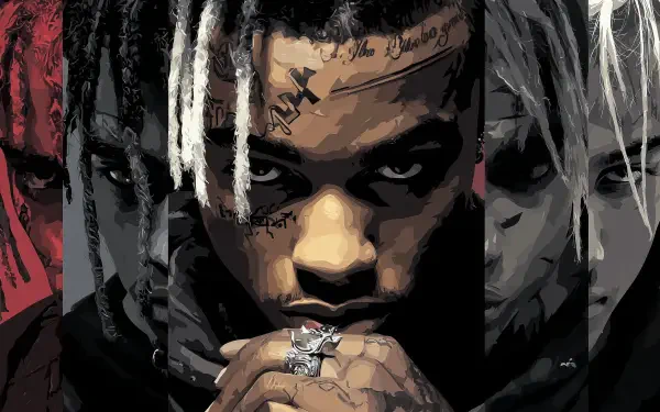 2K Quad HD rap/trap PC wallpaper: stylized, brooding tattooed rapper with split-dyed hair and intense gaze, hands clasped near face.