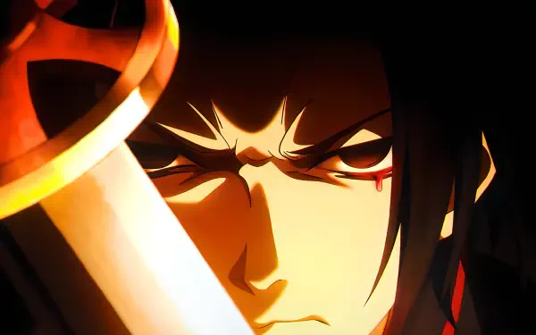 Hell's Paradise anime wallpaper: close-up of Shugen the samurai with blade, intense gaze and blood-red eye detail — 4K Ultra HD PC desktop background.
