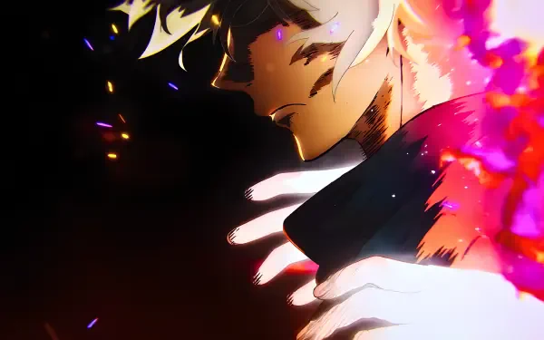 4K Ultra HD anime wallpaper: close-up of Gabimaru (Hell's Paradise) in an intimate embrace, fiery embers and pink-purple energy flaring against a dark background.