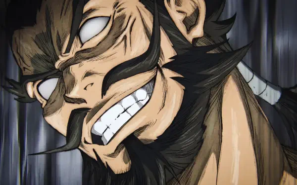 Gritty close-up of Gantetsusai Tamiya snarling from Hell's Paradise anime, rendered as a 5K Ultra HD PC desktop wallpaper.