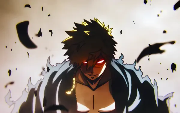 Hell's Paradise Choubei anime 4K Ultra HD PC desktop wallpaper: shadowed, fierce warrior with glowing red eyes, torn cloak, ash and black shards swirling around him.