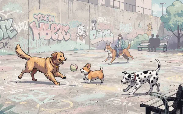 4K Ultra HD PC desktop wallpaper and background: playful dogs — golden retriever, corgi, Dalmatian — chase a ball in a graffiti‑lined urban dog park, people on benches.