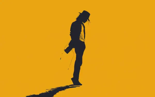 Minimalist yellow 2K Quad HD desktop wallpaper: black silhouette of a fedora-wearing dancer tipping a hat in a classic pop pose, casting a long shadow.
