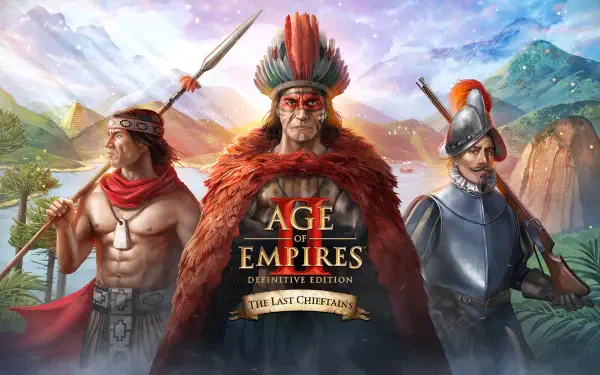 2K Quad HD PC desktop wallpaper — Age of Empires II HD strategy game art: three leaders (tribal chief, spear warrior, armored conquistador) set against a mountainous frontier with the Age of Empires logo.