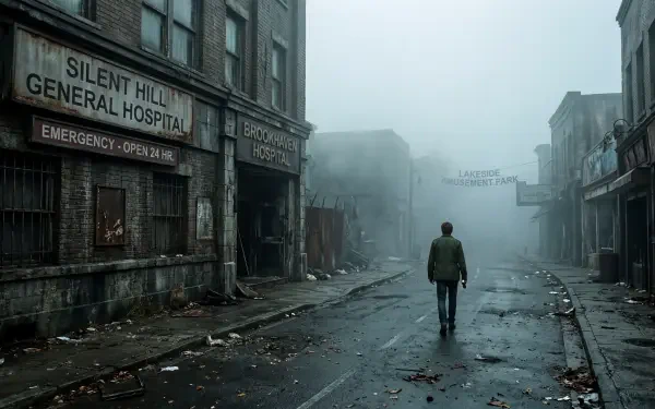 Silent Hill 5K Ultra HD PC desktop wallpaper and background — lone figure walks a fog-shrouded, desolate street past the boarded Silent Hill General Hospital.