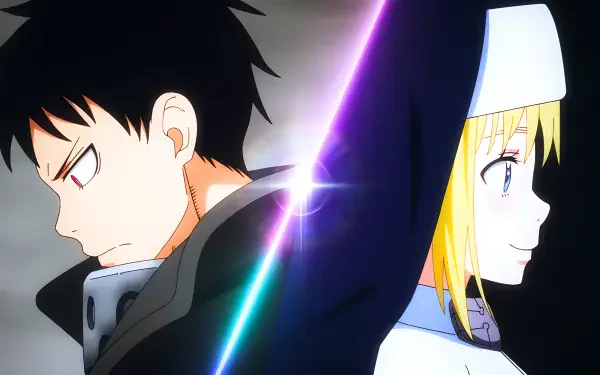 Fire Force 4K Ultra HD desktop wallpaper: Shinra Kusakabe and anime girl Iris stand back-to-back, separated by a glowing diagonal light that highlights their contrasting duality.