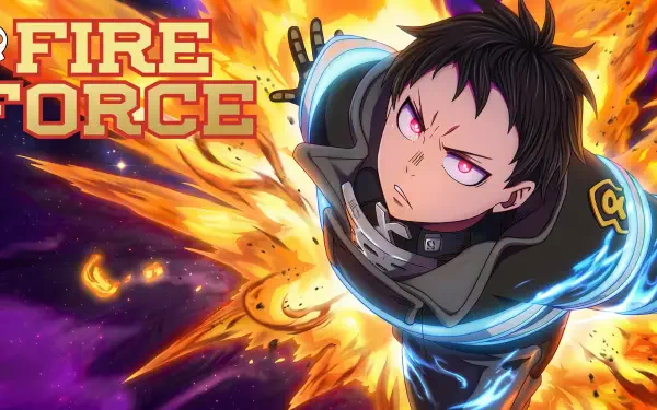 5K Ultra HD PC desktop wallpaper: Shinra Kusakabe from the anime Fire Force blasting through roaring flames with a glowing skull motif in the background.