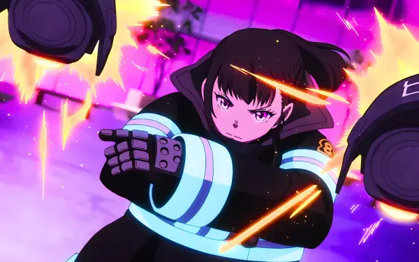 4K Ultra HD PC desktop wallpaper of Maki Oze (Fire Force): anime girl with pink eyes in firefighter uniform unleashing sparks and spinning equipment against violet flames.