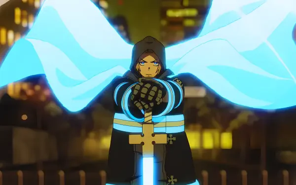 Fire Force anime knight in glowing coat and flowing cape, gripping a luminous sword — 4K Ultra HD PC desktop wallpaper background.