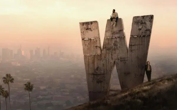 Wonder Man (2026) 4K Ultra HD PC desktop wallpaper/background: sunset haze over a sprawling city, a weathered giant 'W' monolith on a hill with two small figures nearby.