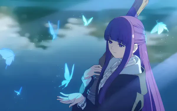 Fern (Frieren: Beyond Journey's End) — purple-haired mage coaxing glowing butterflies over moonlit water; 4K Ultra HD anime PC desktop wallpaper/background.