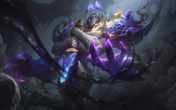 8K Ultra HD PC desktop wallpaper and background: Xerath from League of Legends — a MOBA fantasy warrior wreathed in purple-blue arcane energy amid crumbling stone.