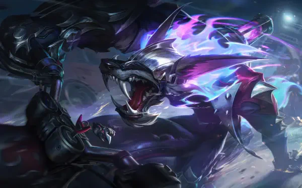 8K Ultra HD PC desktop MOBA wallpaper of Warwick (League of Legends): a feral, armored wolf-like hunter lunging, mouth open, surrounded by purple-blue spectral energy.
