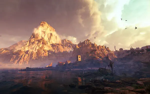 GreedFall: The Dying World video game HD PC desktop wallpaper: sunlit mountain and coastal village ruins by the shore under a dramatic sky with flying birds.