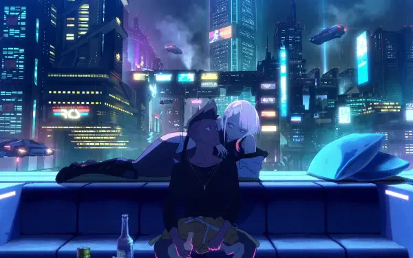 5K Ultra HD PC wallpaper: Lucy and David from Cyberpunk: Edgerunners embrace on a rooftop sofa, neon anime cityscape with towering skyscrapers and flying cars.