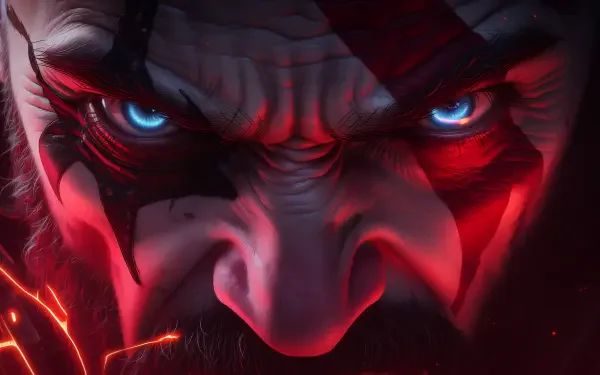 Video game close-up of Kratos from God of War—angry, warpaint-streaked face with glowing blue eyes and red lighting; 2K Quad HD PC desktop wallpaper evoking raw rage.