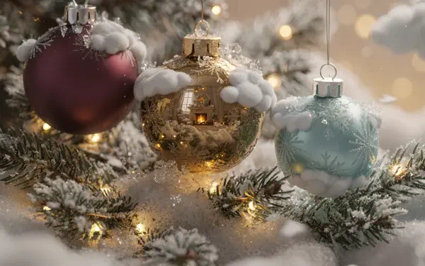 Frosted red, gold and blue baubles hanging on snowy pine with warm bokeh lights — 4K Ultra HD PC desktop wallpaper and background.