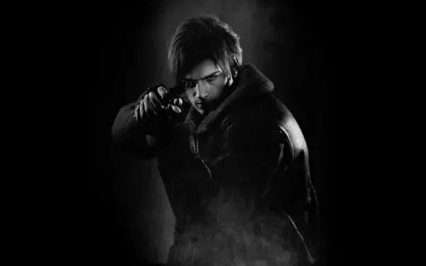 4K Ultra HD PC desktop wallpaper: Resident Evil Requiem protagonist in shadow, aiming a handgun toward viewer, smoky high-contrast black-and-white atmosphere.