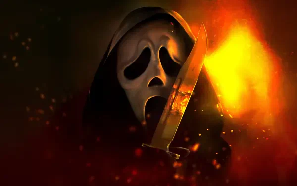 Scream 7 4K Ultra HD PC desktop wallpaper: Ghostface in a hood clutching a knife, silhouetted against flames and glowing embers.