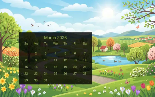 5K Ultra HD PC desktop wallpaper background featuring a March 2026 calendar overlay on a sunny spring landscape with rolling hills, pond, blooming trees and colorful flowers.