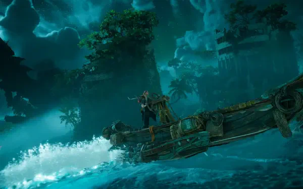 Horizon Forbidden West 4K PC wallpaper: Aloy stands on a makeshift boat cutting through turquoise seas beneath towering, bioluminescent jungle spires — cinematic video game adventure scene.