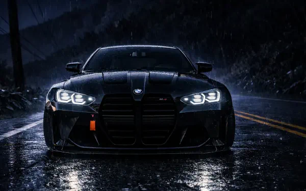 Front view of a black BMW M4 Competition Coupé with BMW Eyes headlights on a rain-slick road at night — The Crew Motorfest 4K Ultra HD PC wallpaper.