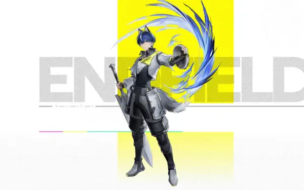 Arknights: Endfield 2K Quad HD PC wallpaper — armored character in a futuristic suit wields a blade as a blue energy arc swirls behind them over a yellow-and-white backdrop with ENDFIELD text.